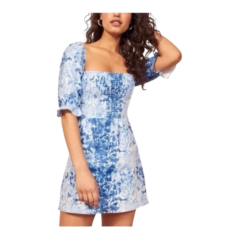 Reformation Cerise Linen Mini Dress Blue Shibori Tie Dye Square Neck Smocked XL